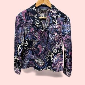 Cute purple paisley silver button cotton blouse fairy mermaid Jones NY